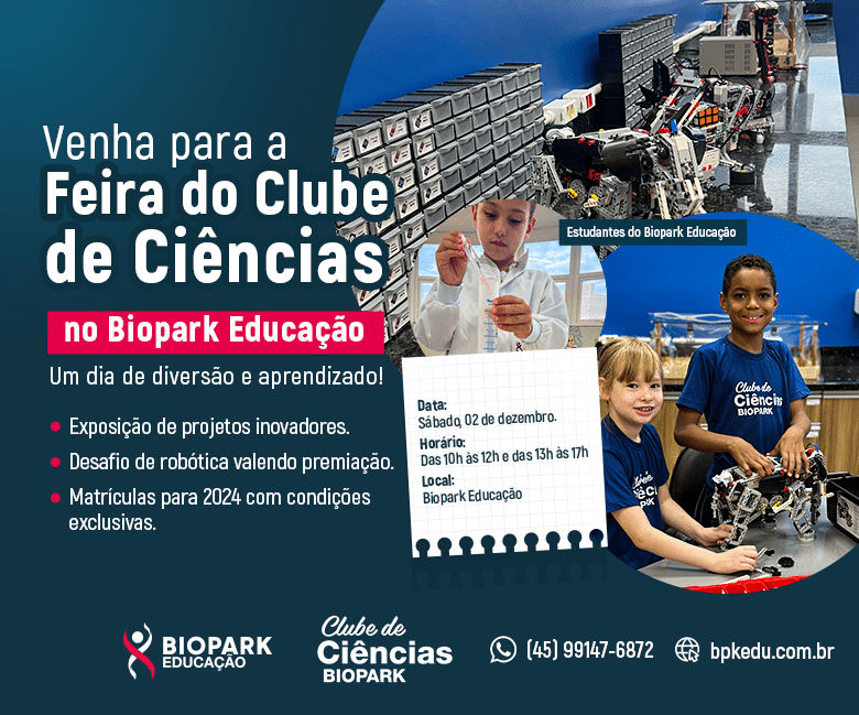 A Feira de Ciências contará com amostras dos projetos de pesquisa científica nas áreas de biologia, empreendedorismo, robótica e tecnologia.